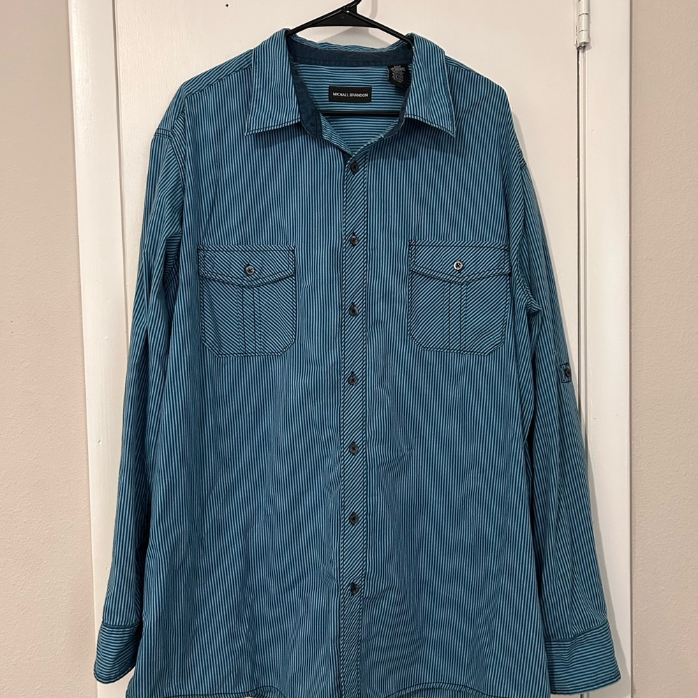 Teal and Black Striped Button-Up Shirt